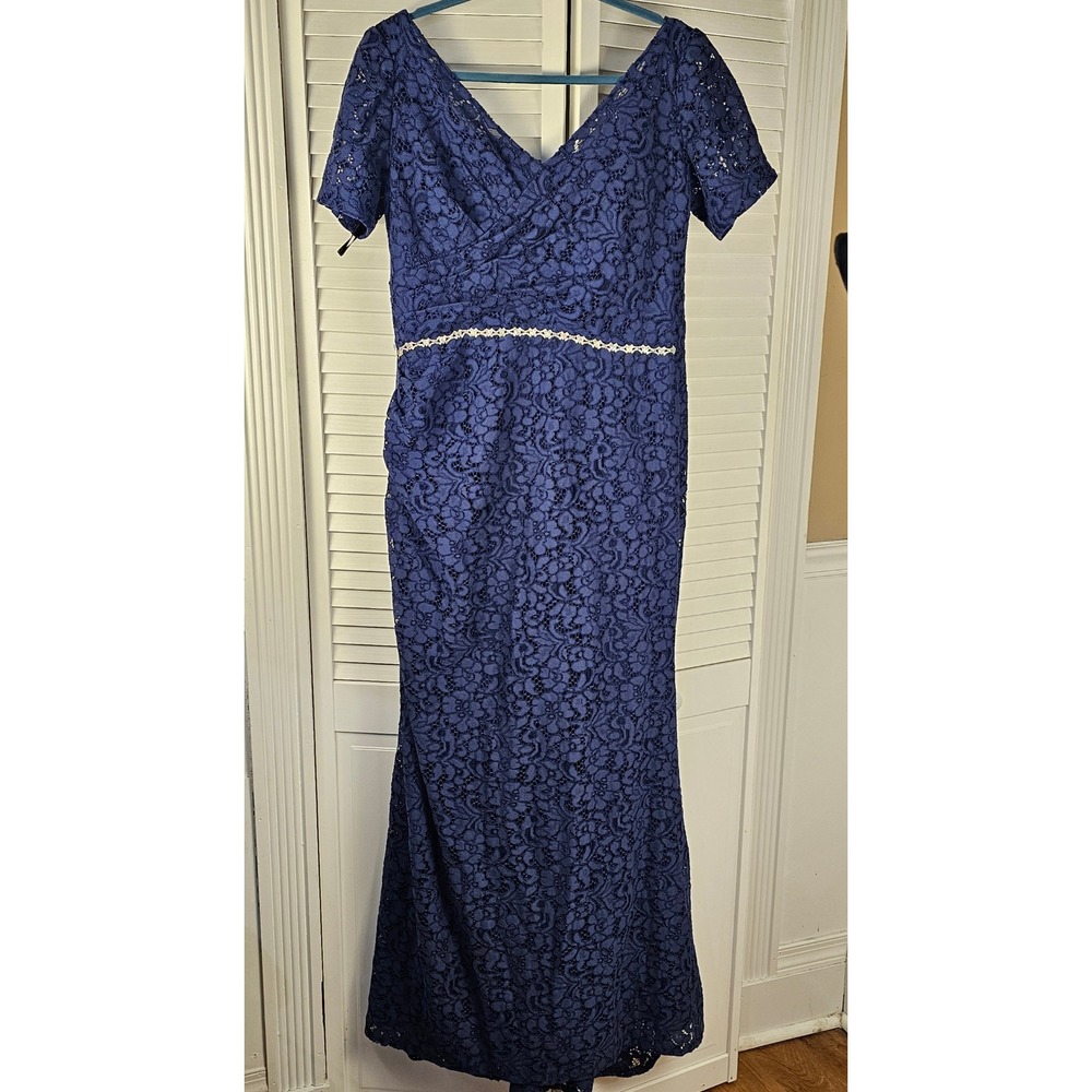 ALYCE Paris Navy Blue Lace‎ Embellished Waist Maxi Evening Cocktail Dress 14 - Picture 2 of 6